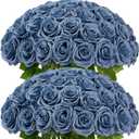 100 Pcs Fake Dusty Blue Roses, Artificial Blue Flowers Bulk Realistic Silk Faux Rose with Long Stems for Wedding Bridal Bouquet Anniversary Floral Arrangement Decor
