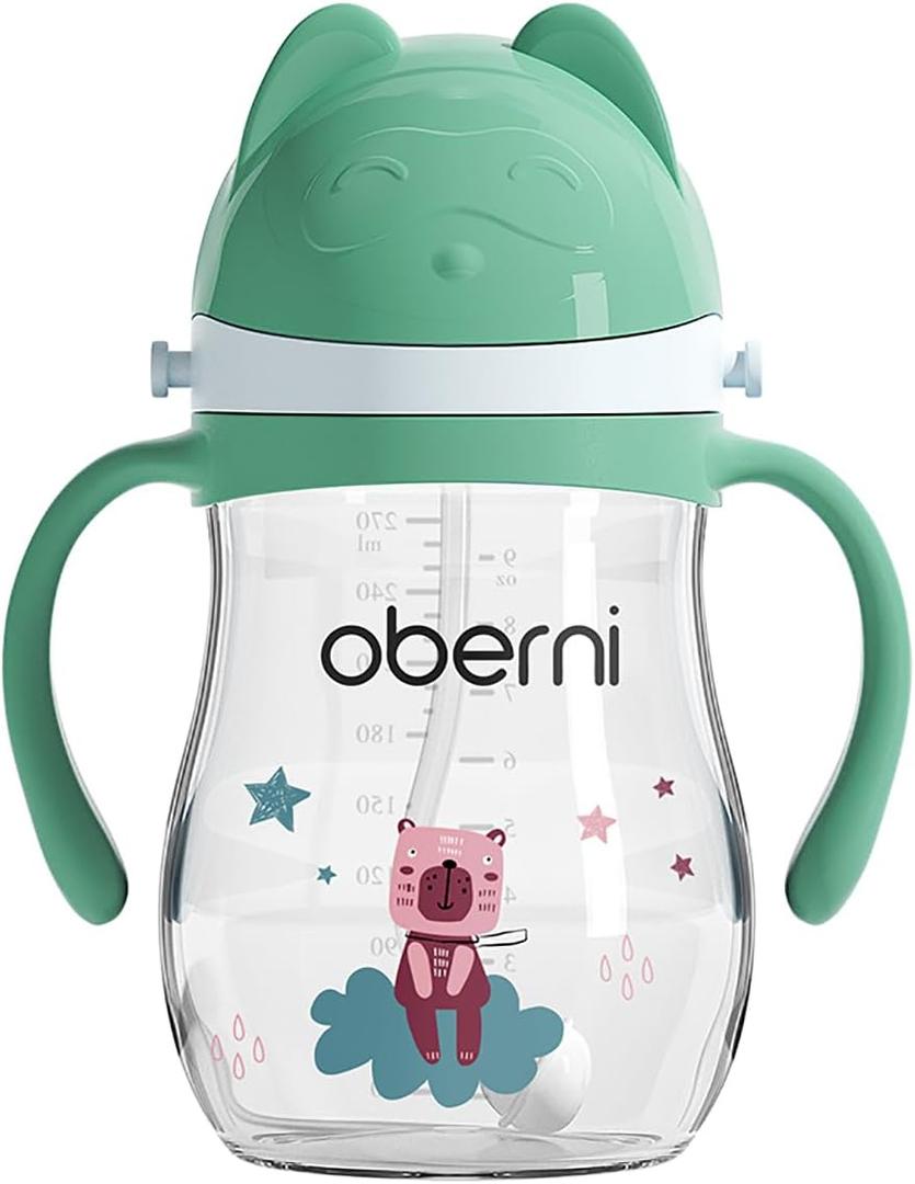 Oberni Tritan Sippy Cup, 270ml/9oz Baby Water Drinking Bottle with Removable Handle and Strap, Leak-Proof Training Cup for 12M+/1 Years+ Toddlers, Green/Pack of 1