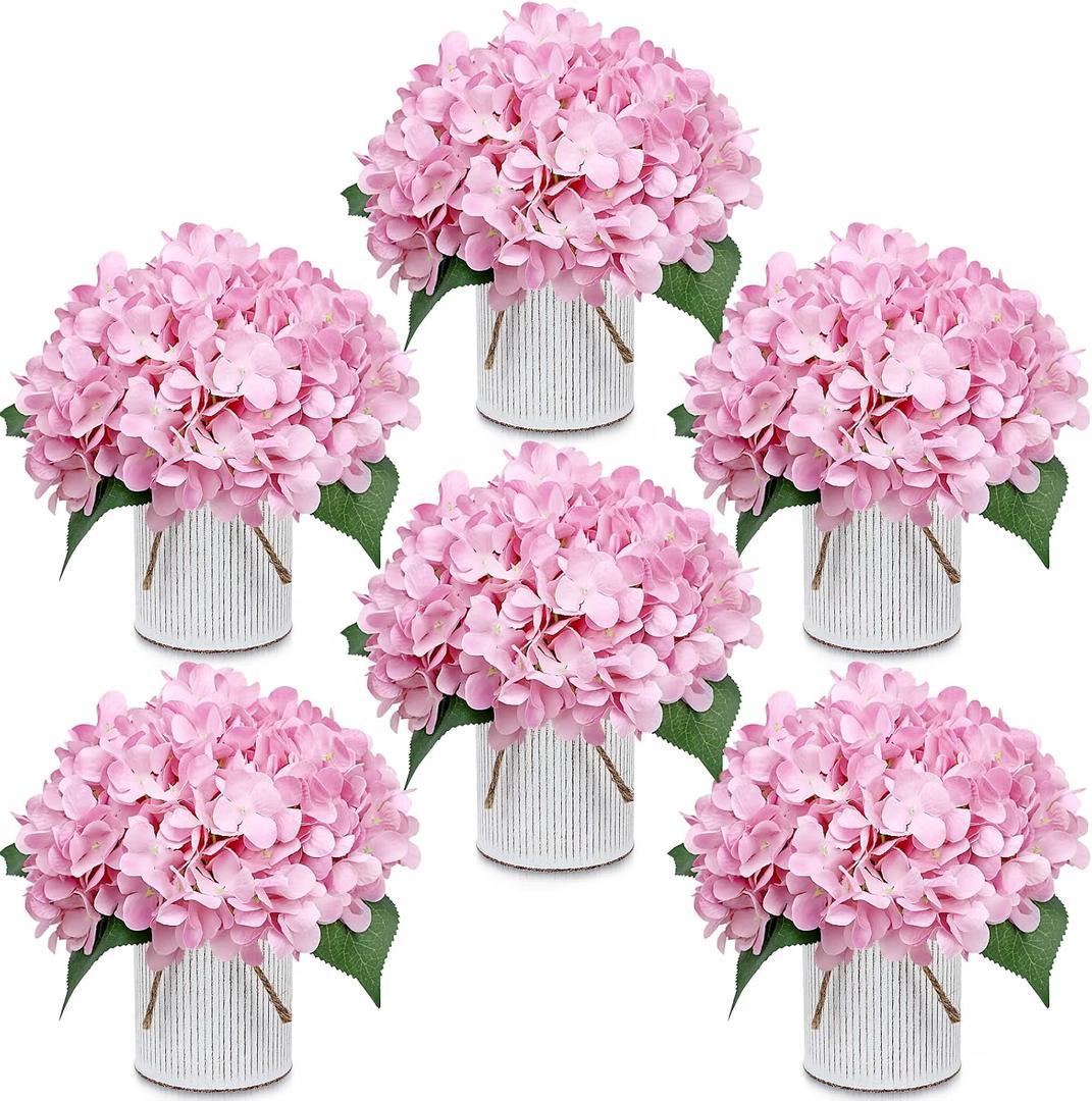 DIYDOFUN Flower Table Centerpieces - Set of 6 Floral Arrangement Artificial Wedding Hydrangeas Floral Arrangement with Rustic Metal Vase for Bridal Tea Party Event Decorations - Blush Pink
