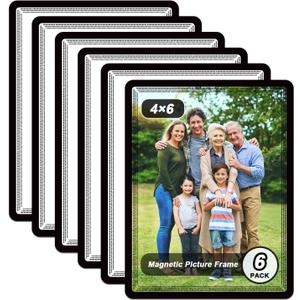 Magnetic Sticky Frames 4X6 with No-Residue Adhesive Backs,Work For Smooth Surface-Windows/Door/Glass/Ceramic,Black Dots Decoration Border,Photo Paper Easy Changable(6 Pack)