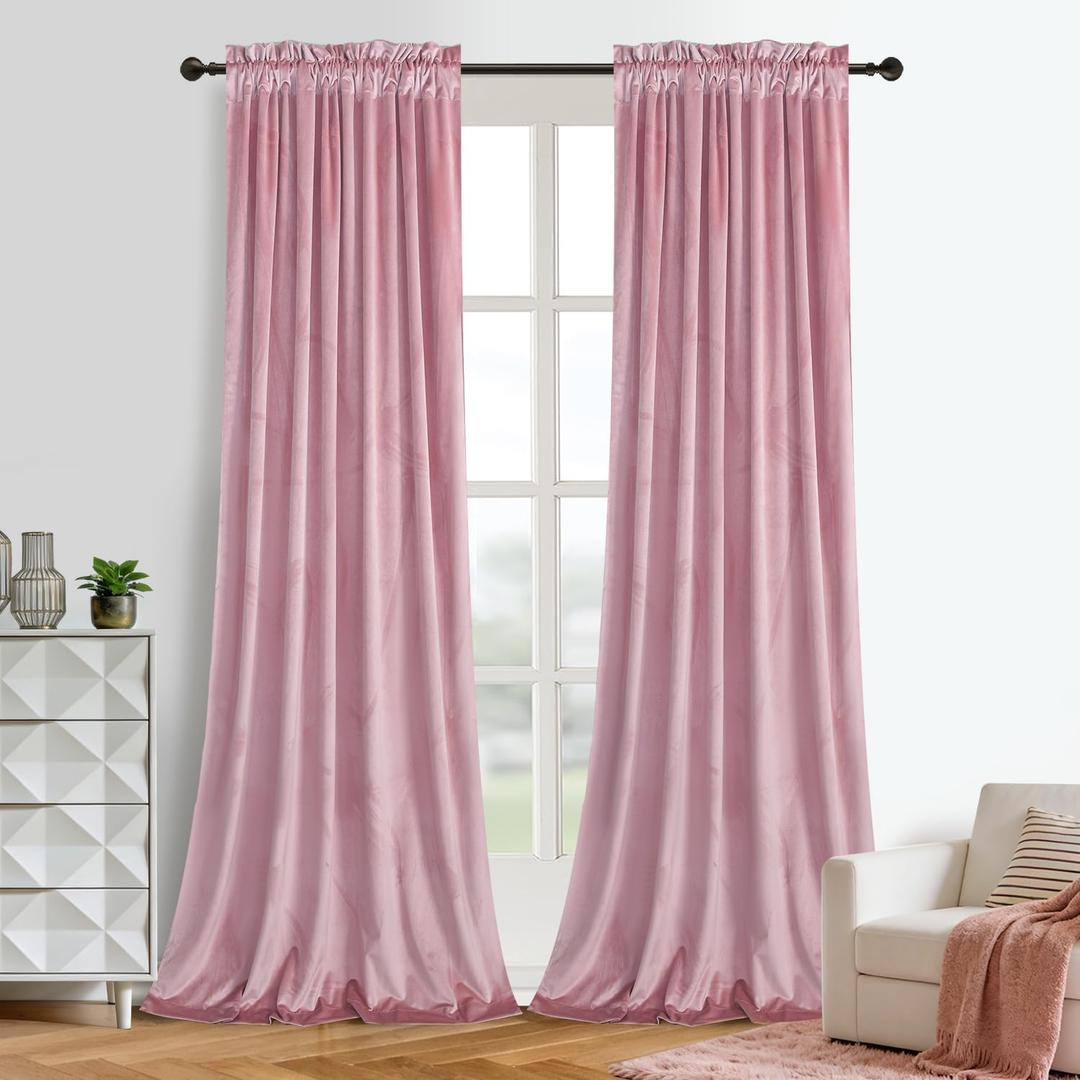 Roslynwood Velvet Blush Pink Curtain 84 inches Long - Curtains Thermal Insulated Rod Pocket Window Luxury Panels Drapes for Bedroom/Living Room,W52 X L84 Inch, 2 Panels