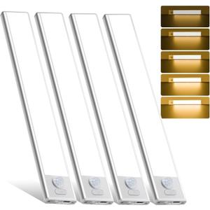 12inch Under Cabinet Lighting, 4 Pack Rechargeable Motion Sensor Light Indoor, Wireless Dimmable Magnetic Closet Lights, 50 LED Under Counter Lights for Kitchen, Wardrobe, Stairs, Warm Light