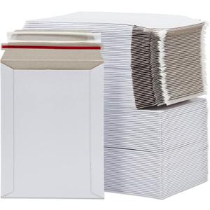 100 Pack 6x8 Rigid Mailers - 550 GSM Thick Self Adhesive Stay Flat Cardboard Envelopes for Shipping Photos, Documents, Collectible Trading Cards (White)