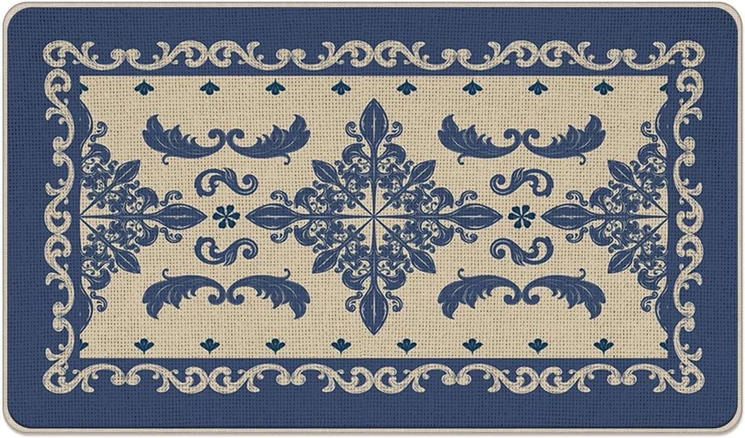 Vintage Baroque Welcome Front Door Mat, Retro Blue Symmetric Scroll, 17''x29''