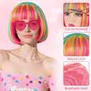 PLULON Pink Blue Yellow Bob Wig with Heart Sunglasses Hair Cap, Colorful Short Bob Wigs Synthetic Party Wigs Funny Cosplay Hairpieces for Women Neon Bachelorette Halloween Costume Party Decorations