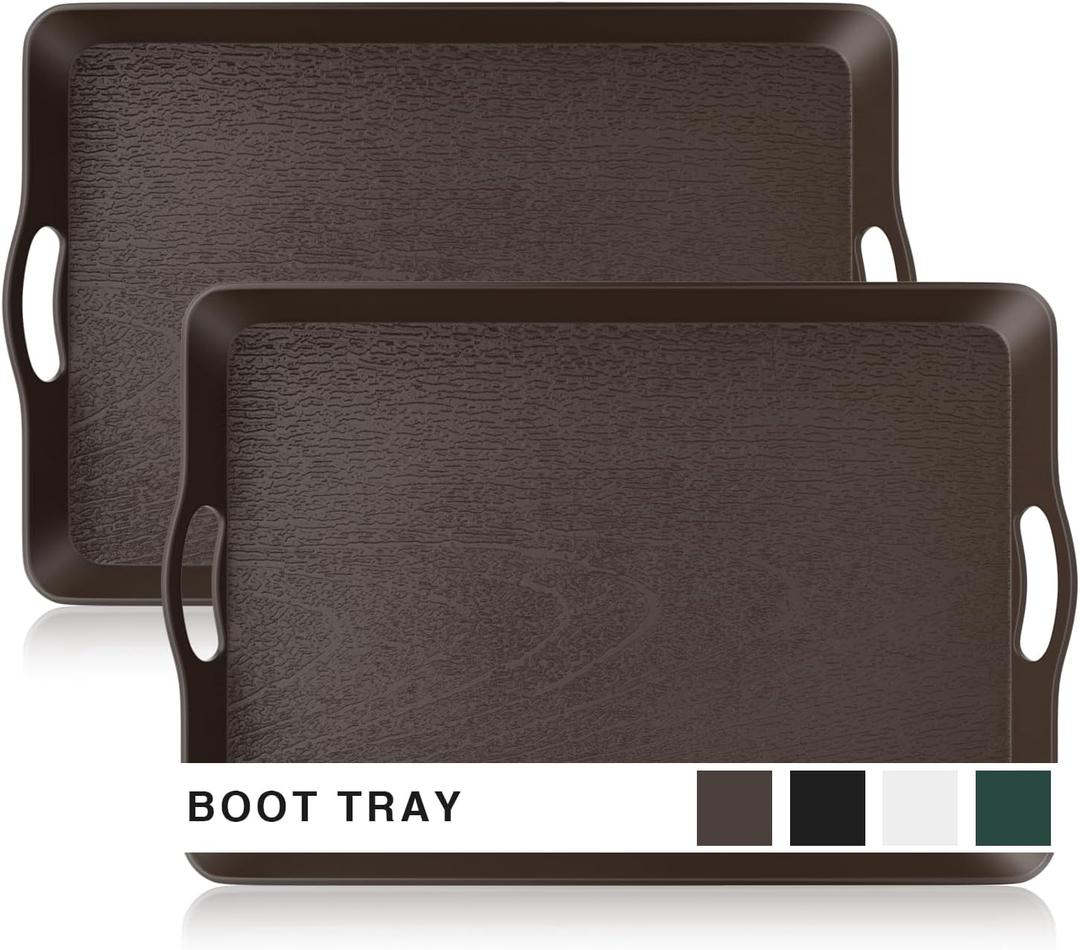 Large Boot Tray for Entryway, 20.47"x13.38" Heavy Duty Boot Mat Tray 2 Packs, Waterproof Plastic Shoe Mat with Dual Ear Handle, Indoor/Outdoor Multi-Purpose Mats for Shoes, Garden, Pets (Brown)