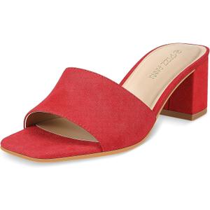 PIZZ ANNU Women's Square Open Toe Heels Sandals Low Block Chunky Heeled Sandal Slip on Mules Comfortable Casual Dress Pumps Shoes, (Red, 9.5)