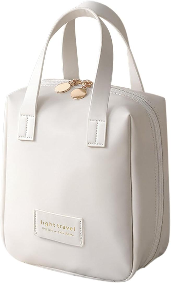 IMCUZUR Travel Makeup Bag Cosmetic Organizer for Women, Portable Skincare Bag for Traveling, Waterproof PU Leather Make up Tote Bag (White)
