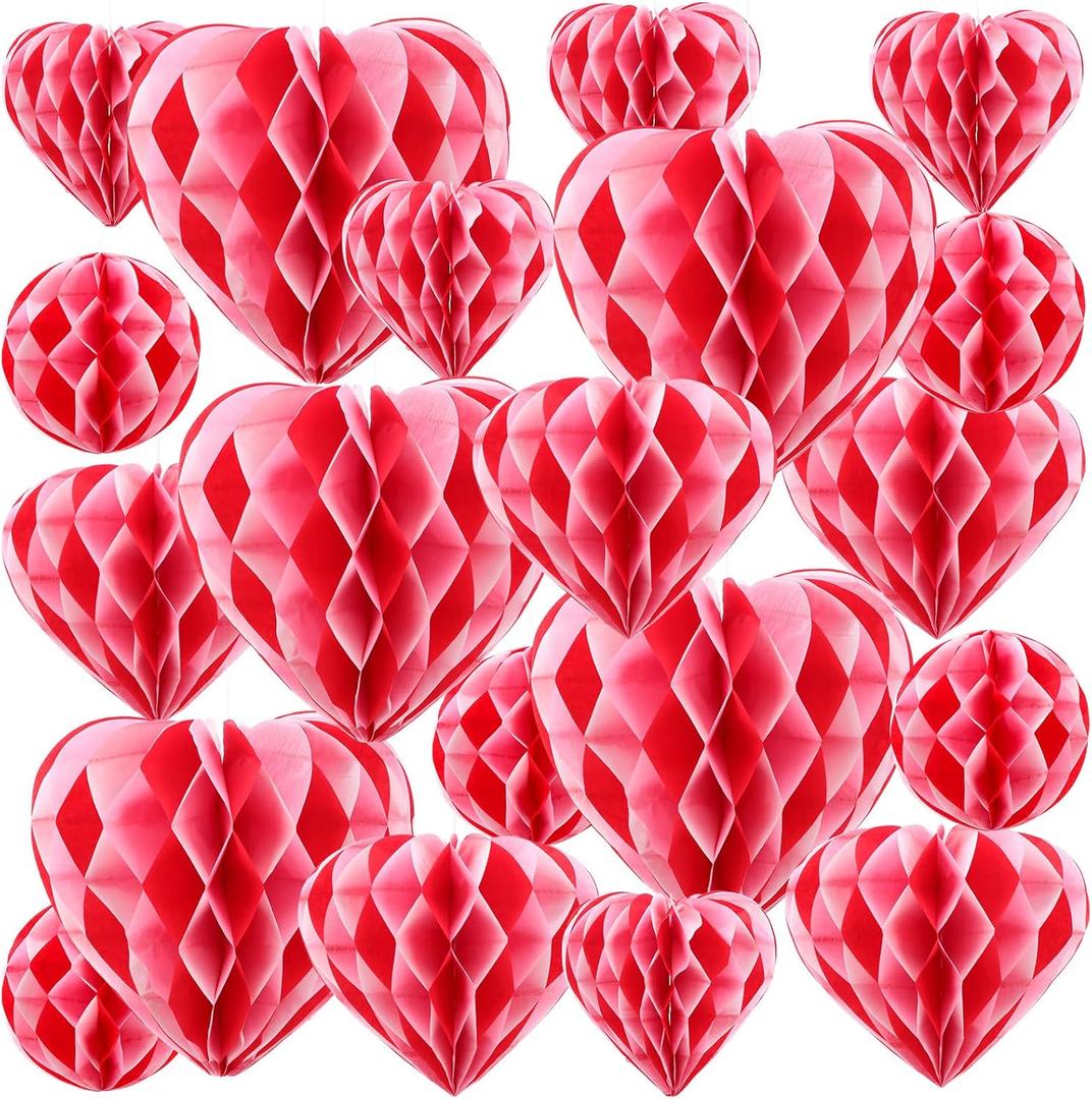 Yexiya 32 Pieces Honeycomb Balls Valentines Pom Poms Red Paper Honeycomb Ball Decorations Hearts Tissue Paper for Wedding, Valentine's Day, Engagement, Bridal Shower (Red Pink White Blocking)