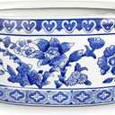 Blue and White Ceramic Planter Pot  Vintage Floral Oval Cachepot Vase for Indoor Plants, Flowers & Succulents  Glazed Chinese Porcelain Style Decorative Bowl 10.6" Size  No Drainage