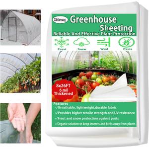 8FTx26FT Greenhouse Plastic Sheeting, 6 Mil Thick Clear Polyethylene Film, Waterproof Wind Frost Dust UV Resistant Green House Plastic Covering for Outdoor Plant, Garden, (8ft x 26ft)