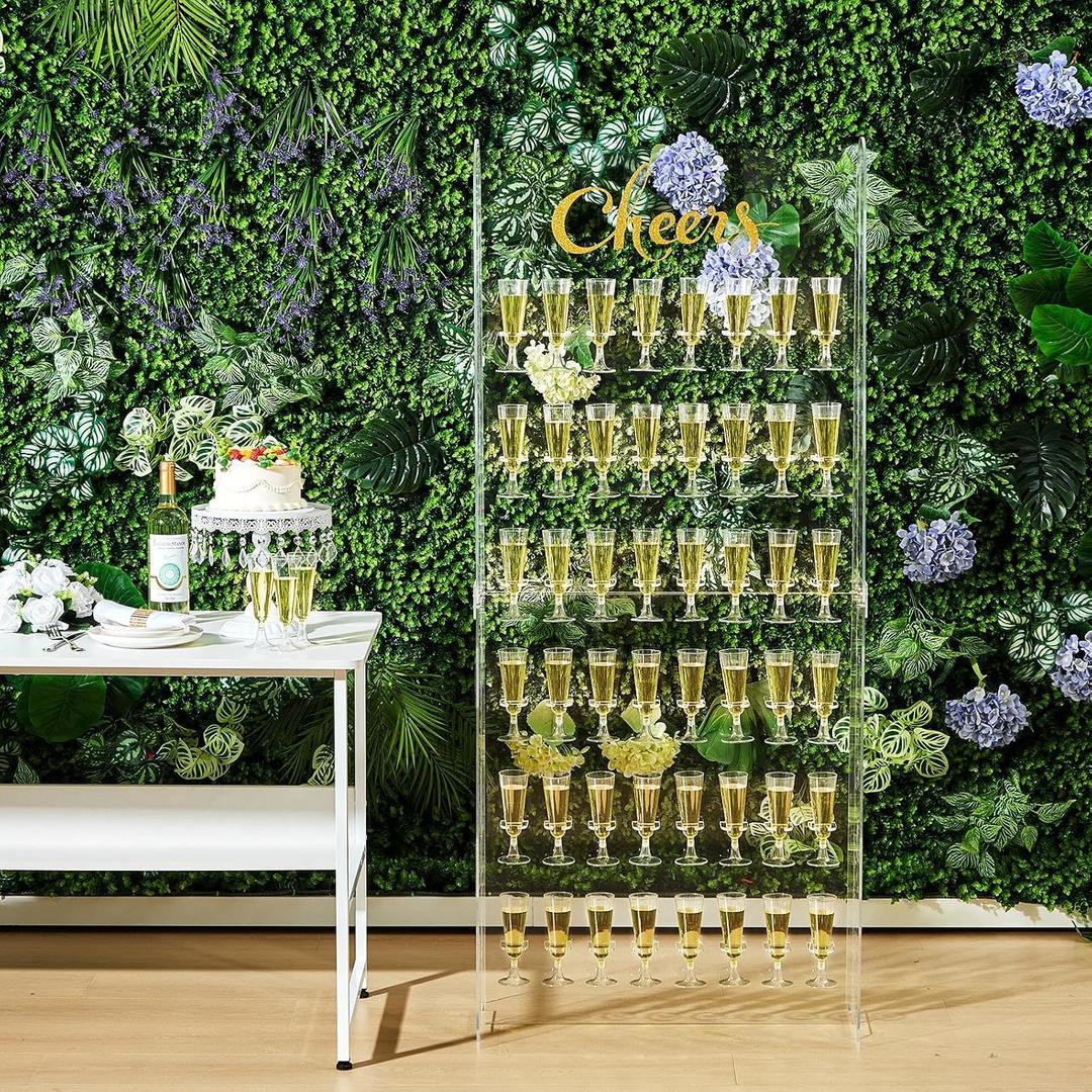 Ziliny 5 Ft Champagne Wall Display Stand - 6 Tier Acrylic Champagne Tower Holder with 50 Plastic Flute Glasses, Freestanding Mimosa Bar Stand for Wedding Birthday Bridal Shower Party Decorations