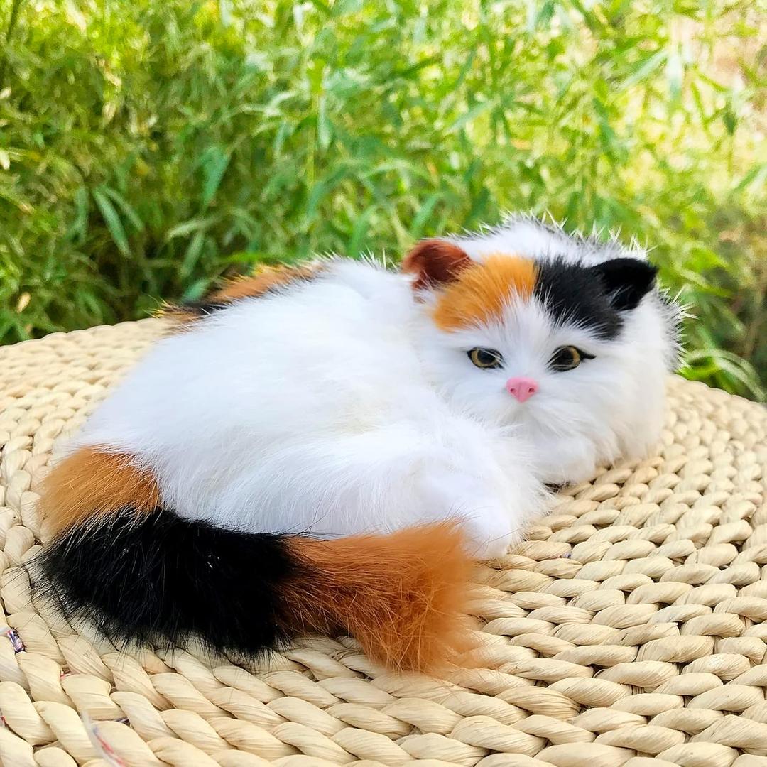 Realistic Calico Cat Figurine - Lifelike Plush Kitten Stuffy with Poseable Tail, Home Decor, for Kitty Lover Memorial for Pet Loss, Photo Props, Stuffed Baby Cat