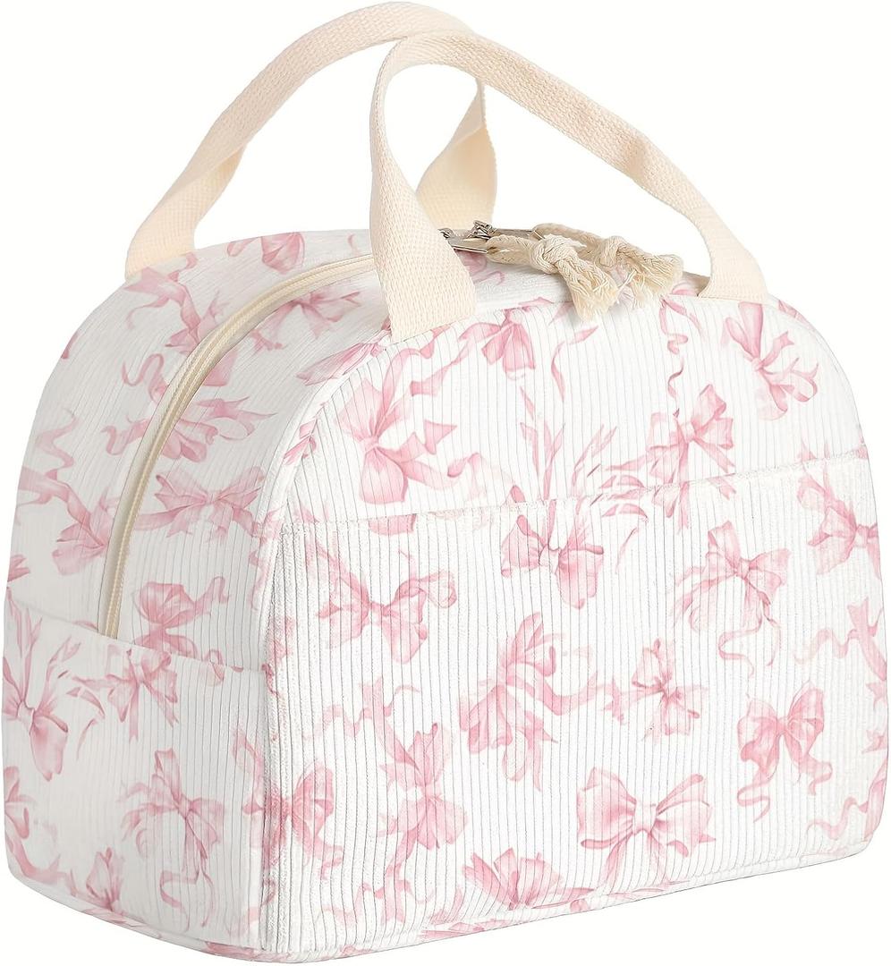 Insulated Lunch Box for Women and Men,Corduroy Lunch Bags for Work,Leakproof Adults Cooler Tote Bag for Offices,Picnic,Travel,Outdoor (Pink Bow) (Flowers)