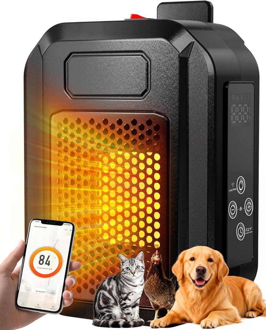PETNF Dog House Heater with Thermostat & WiFi App Control, 68104F Adjustable Temp, 24H Timer, 500W Fast Heating, Safe Anti-Chew Cord, Outdoor Pet Heater for Dogs, Cats & Chicken Coops (Standard)