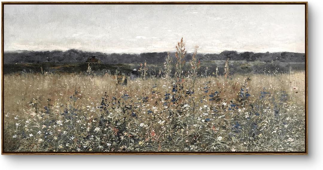InSimSea Extra Large Framed Vintage Wall Art, Living Room Country Farmhouse Decor, Flower Meadow Landscape Paintings, Canvas Prints, Retro Scenery Long Pictures for Bedroom Above of Bed,24x48inch (Champ Fleuri)