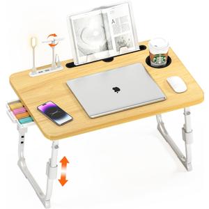 DECOSIS Laptop Bed Desk Height Adjustable, Bed Laptop Table with USB/Storage Drawer/Cup Holder/Tablet Stand/Book Shelf, Foldable Breakfast Tray Portable for Reading Writing, Bed, Sofa & Floor, Wood