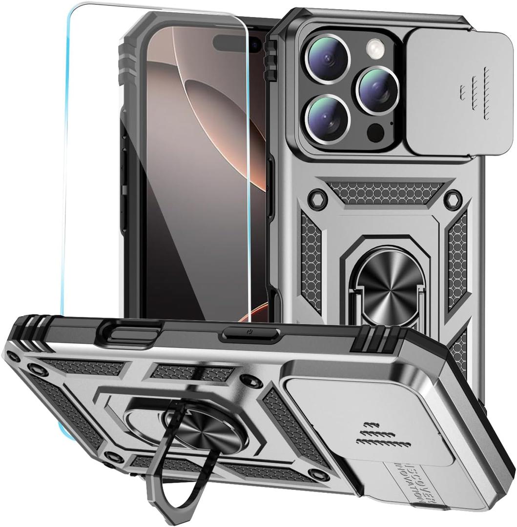 SunStory Phone Case for iPhone 16 Pro Case with HD Screen Protector & Slide Camera Cover & Rotated Ring Kickstand, [Military-Grade] Phone Case for iPhone 16 Pro 6.3"(Silver)