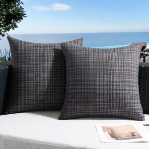 UGASA Outdoor Waterproof Throw Pillow Covers Pack of 2 Patio Water Resistant Pillow Cases Summer Woven Texture Decorative for Outside Garden Porch Yard Bench Tent 20x20 Inch, Black