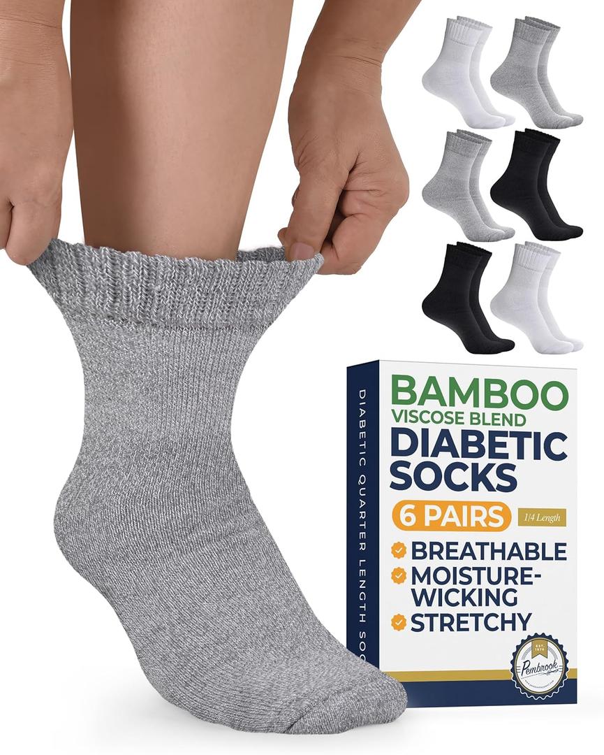 Pembrook Bamboo Viscose Diabetic Socks for Women & Men - 6 Pairs Ankle Socks for Swollen Feet | Neuropathy Socks (Medium, 2 White / 2 Gray / 2 Black - 6 Pairs)