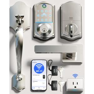 Veise VE017G-H Wi-Fi Smart Fingerprint Front Door Lock Set, Remote App Control, Keyless Entry Deadbolt with Handle, Backlit Keypad, IP55 Weatherproof, Auto Lock, Easy to Install, Satin Nickel
