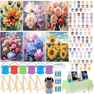 Gersoniel 6 Sets Pre Drawn Paint by Numbers Kit for Adults Beginner, 16x12 Inch Flower Oil Painting on Canvas, Sip and Paint Kit for Adults Couples Date Girls Night, Gifts Home Wall Decor