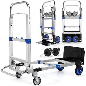 Upgraded 3 in 1 Aluminum Folding Hand Truck, 600 lbs Convertible Heavy Duty Dolly Cart, Collapsible Hand Trucks with 4 Rubber Wheels and Retractable Handle for Home, Warehouse, Supermarket (Blue)