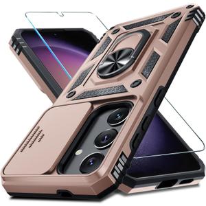 Janmitta Compatible with Samsung Galaxy S25 Plus/S24 Plus Case Built in Slide Camera Lens Cover+Screen Protector+Finger Ring Holder Kickstand,Heavy Duty Shockproof Full Body Phone Cover,Rose Gold