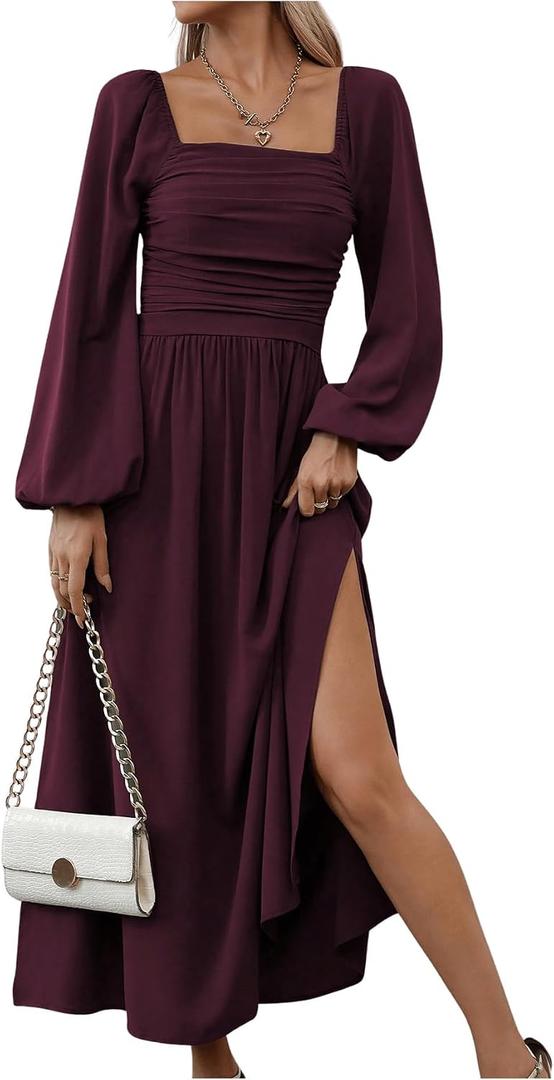 Floerns Women's Square Neck Lantern Long Sleeve Dress Split Ruched Party Midi Dresses XL