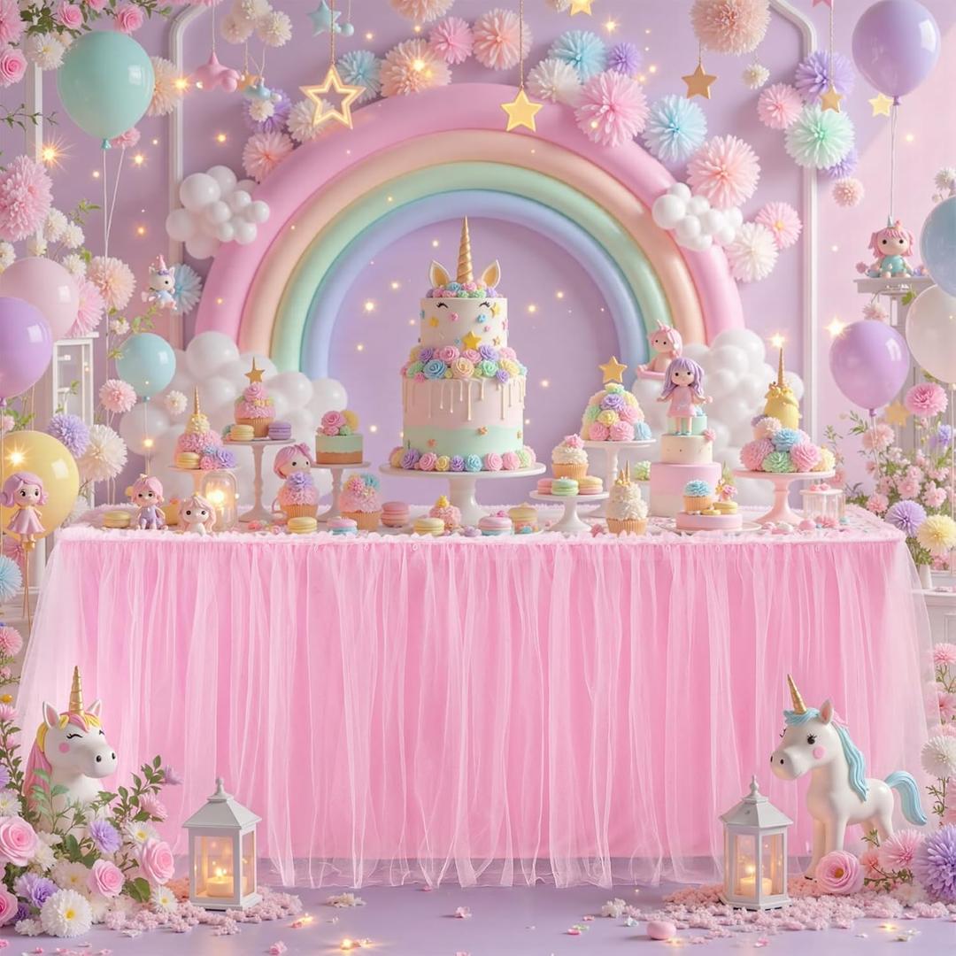 6FT Length Pink Tulle Table Skirt for Rectangle Tables 2-Layer Ruffle Tulle Tutu Cloth Desk Table Skirt for Baby Shower Princess Birthday Party Cake Dessert Gender Reveal Decorations
