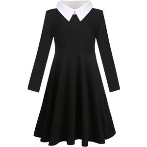 Girls Black Halloween Halloween Peter Pan Collar Dress Clothes Kids Cotton Long Sleeve Twirly Dress Size 5-12 Years