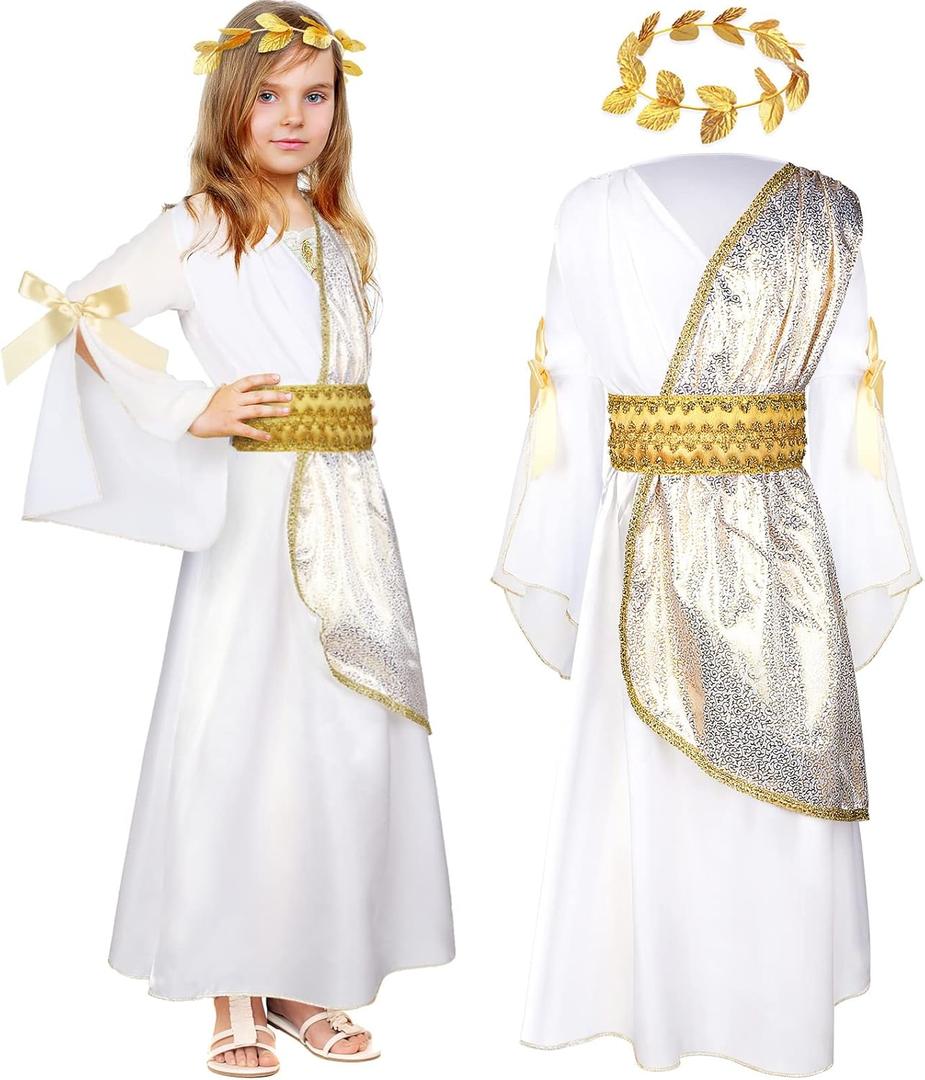 Geyoga 2 Pcs Greek Toga Costume Girls Grecian Roman Costume and Roman Crown Leaf Wreath Halloween (Kid Size, XX-Large, White Gold)