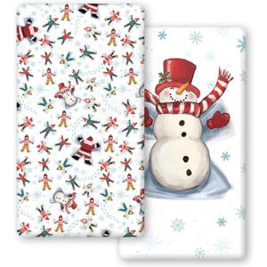 Horaldaily 2 Pack Fitted Crib Sheet for Boys Girls,Soft Breathable Washable Jersey Microfiber Baby Crib Sheet, Fits Standard Size Crib Mattress 28in x 52in, Snowman Nursery Sheet White/Red