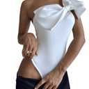 SHENHE Women's One Shoulder Sleeveless Big Bow Front Elegant Fitted Tank Top Bodysuit White Large