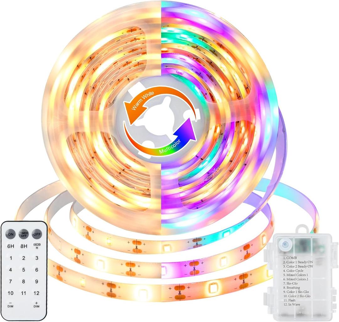 echosari LED Strip Lights Battery Operated, 10Ft 108 LED Dual Color Changing Strip Lights with Remote Cuttable Adhesive Lights Strip for Bedroom Party Decoration (Warm White & Multicolor) (9.8Ft)