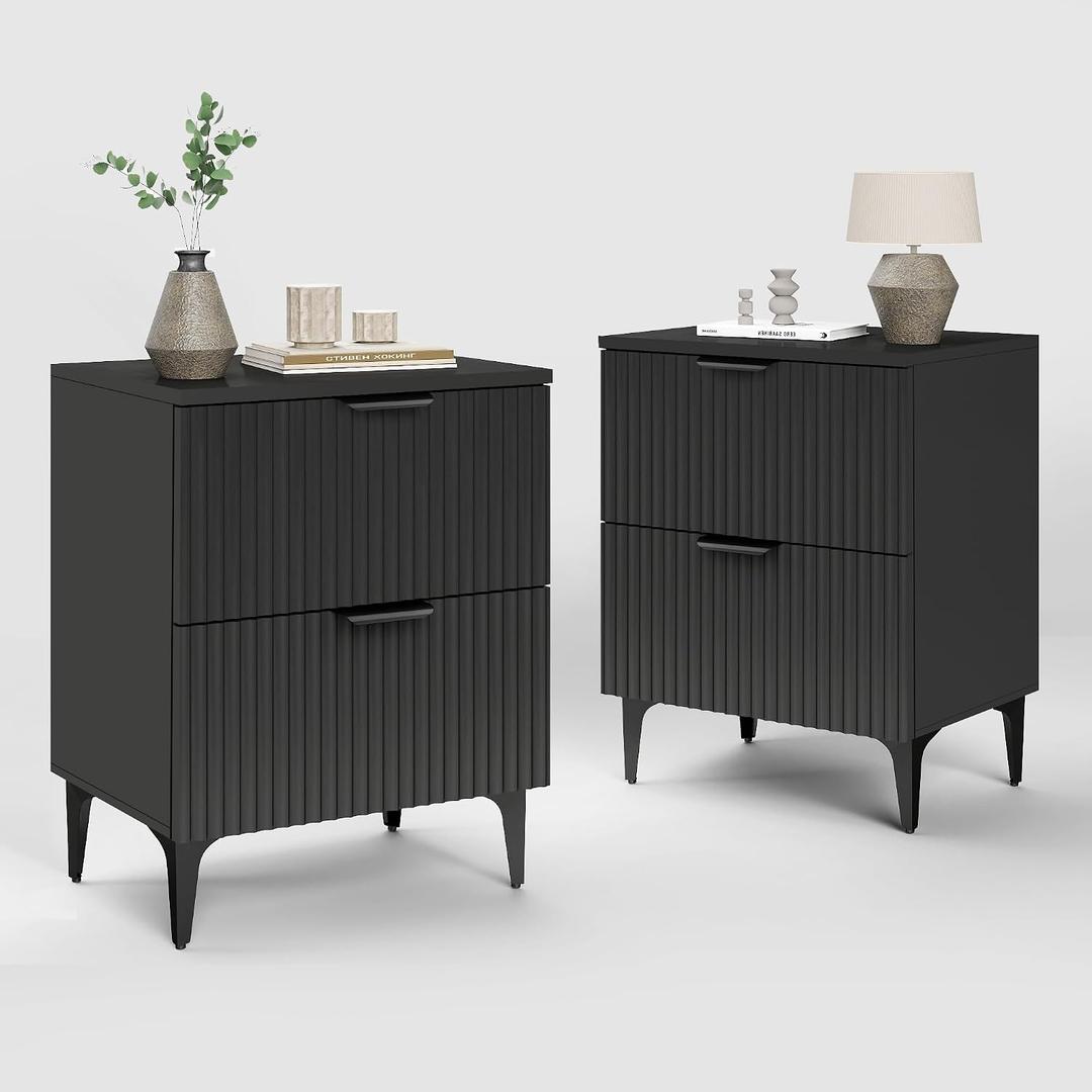 Black Fluted Nightstand Set of 2, Modern Night Stands with 2 Drawers