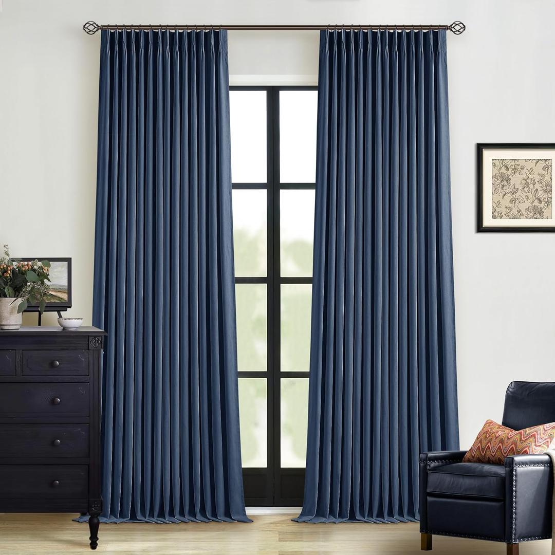 Indigo Navy Pleated Linen Blackout Curtains 90 Inches Long for Bedroom Living Room Pinch Pleat Black Out Thermal Insulated Ring Hooks Back Tab Room Darkening Drapes Dark Blue Curtains with Liner (40"W x 90"L (Pack of 2))