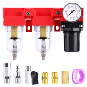 TAILONZ PNEUMATIC 1/4 Inch NPT 150PSI 3 in 1 Air Filter Pressure Regulator Combo Piggyback, Air Tool Compressor Filter, 5 Micron Filter Element(Manual Drainage)