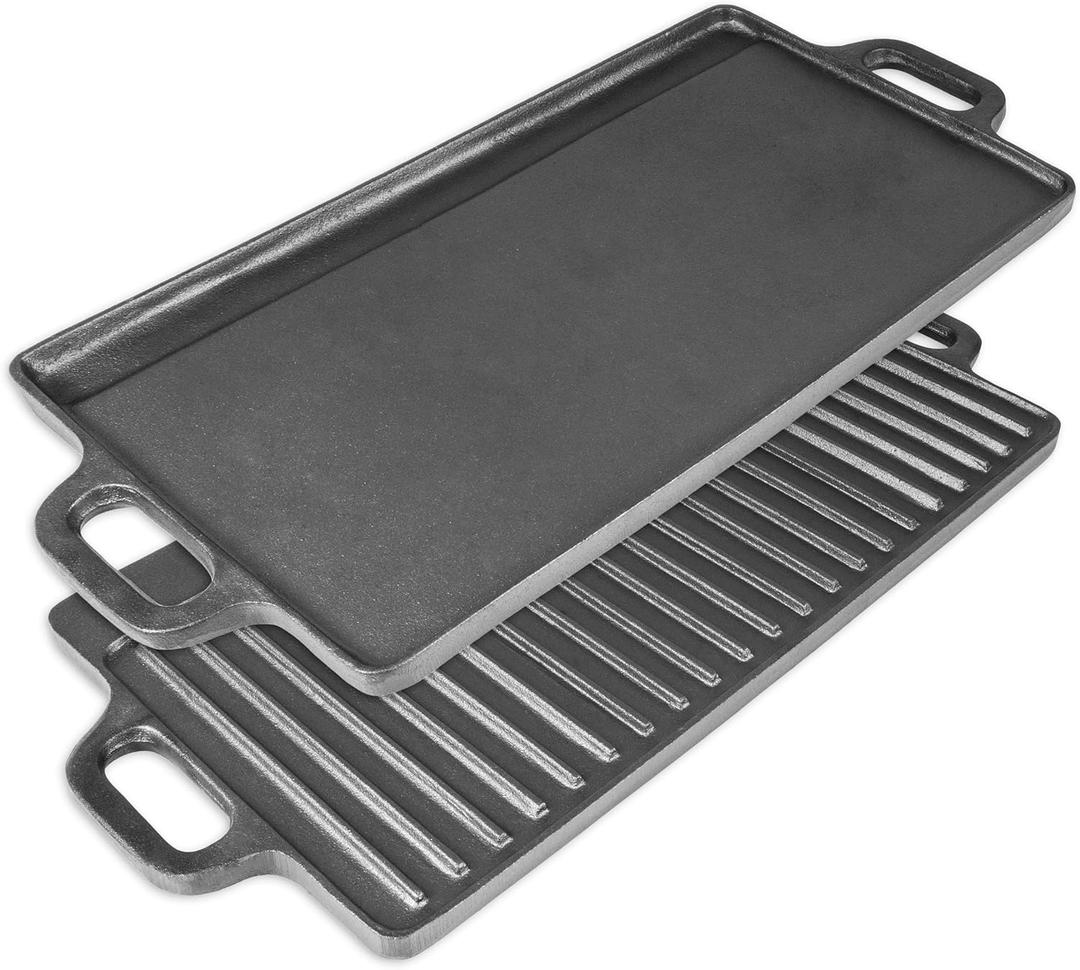 ProSource 2-in-1 Reversible 19.5 x 9 Cast Iron Griddle with Handles, Preseasoned & Non-Stick for Gas Stovetop, Oven and Open Fire.