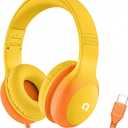 ADOOPE Wired Kids Headphones with USB C Plug, 85dB Safe Volume, Adjustable Headband, Tangle-Free Cord Headphones for School, Tablet, Travel (Yellow & Orange, Without Microphone)