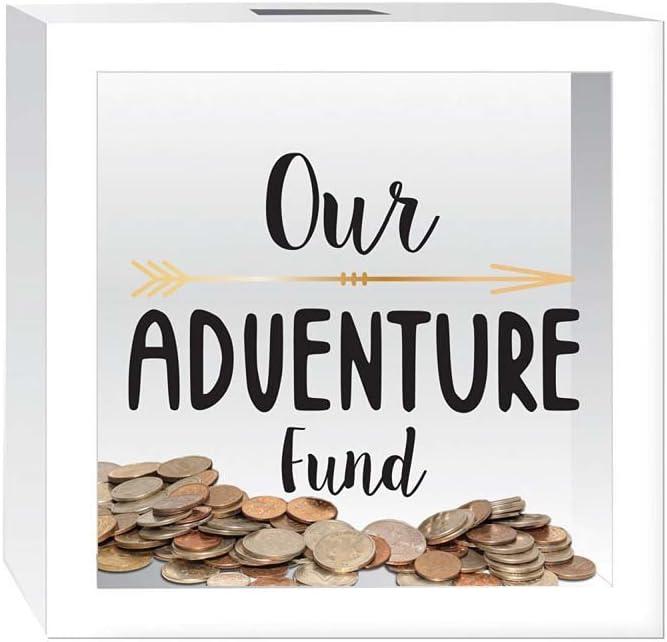 Prinz White Adventure Fund Money Savings Piggy Bank for Adults, Kids Savings Box Change Jar, 6' x 6' Wooden Shadow Box