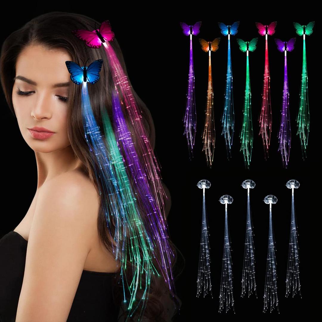 12 Pack Led Light Up Fairy Hair Accessories Braid Extension Butterfly Clips for Women Girls, Glow in the Dark Party Favors Supplies Neon Rave Accessories Wig for Festival Halloween Christmas Birthday