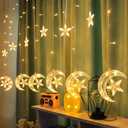 WATERGLIDE 138 LED Star Moon Curtain Decorative Lights, Window Curtain Fairy String Lights, Remote Control & USB Plug, 8 Lighting Modes for Home Holiday Ramadan Christmas Wedding Party, Warm White