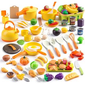 120Pcs Mini Play Kitchen Accessories, Kids Pretend Cooking Playset with Desserts, Cuttable Veggies & BBQ & Storage Basket, Educational Role-Play Gift for Toddlers, Child, Yellow