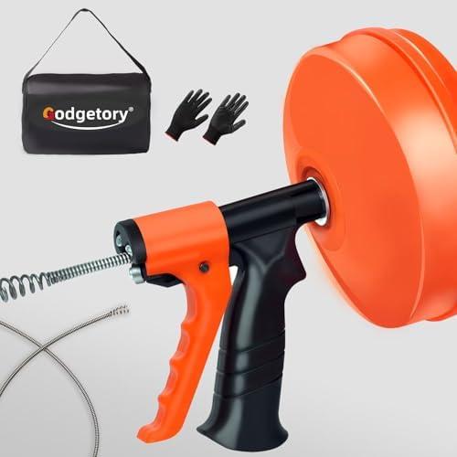 35 FT Drain Snake Auger (AUTO FEED) - Flexible & Powerful Snake Drain Hair Remover Tool, for Kitchen, Shower & All Drains - Manual or Drill-Powered with Gloves, Storage Bag