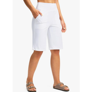 G Gradual Women's Bermuda Shorts 12" Knee Length with Pockets High Waisted Stretch Long Shorts for Women Casual Walking M White