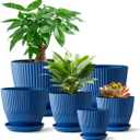 RooTrimmer 7.5/6.5/5.5/4.9/4.2/3.5 Inch Plant Pots with Saucers & Drain Holes - Indoor/Outdoor Flower Pots for Succulents, Herbs, Cactus - Modern Lightweight Durable Planter Set, Blue