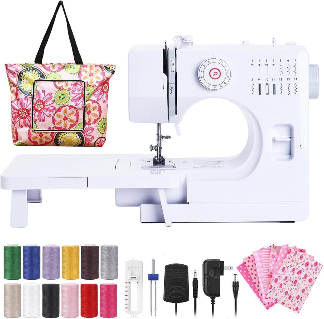 Sewing Machine for Beginners, Electric Mini Portable, 14 Built-in Stitches with Reverse Sewing, 2 Speeds Double Thread with Foot Pedal, Storage Bag, Cotton Fabric and Threads- Extension Table