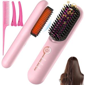 Cordless Hair Straightener Brush, Portable Ionic Plus Frizz-Free Straightening Brush, Rechargeable Touch Up On-the-Go Brush, MCH Fast Heating, 5D Dense Bristles, Auto-Off, Anti-Scald for Women Travel