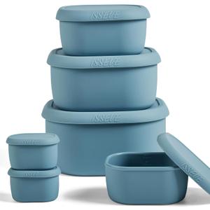 ISSEVE 6Pcs/Set Nesting Silicone Food Storage Containers with Lids, BPA Free Reusable Meal Prep Silicone Containers Lunch Box Bento Box Set (33.8oz, 20oz, 10oz, 6.7oz, 1.3oz) (Blue)